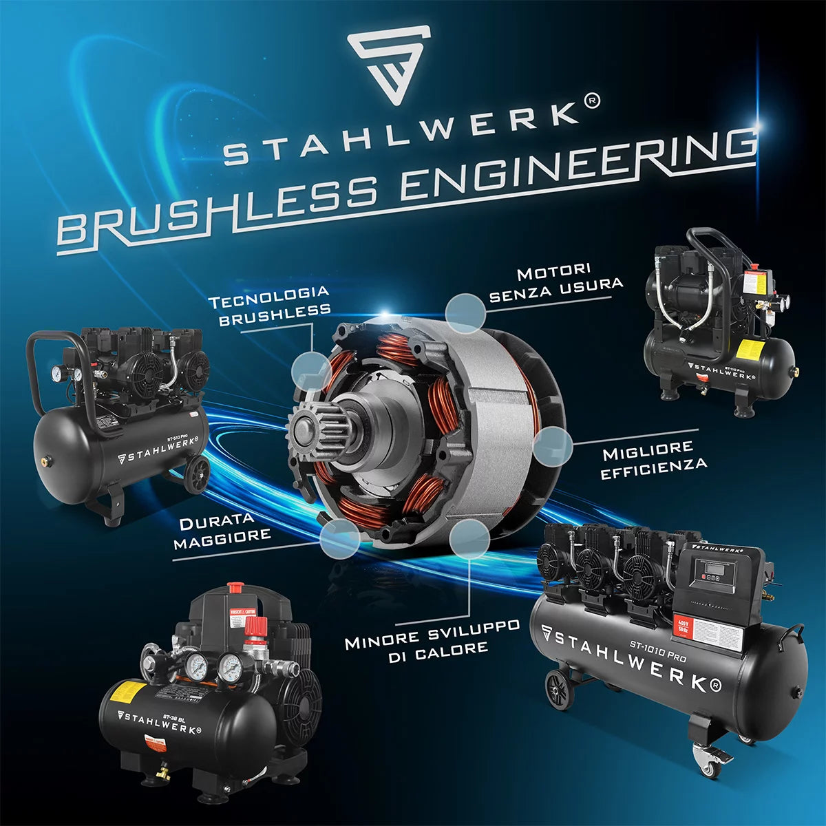 STAHLWERK compressor ST-310 Pro with 8 bar | 1.97 HP | 1.45kW | 250 l/min | 30 L tank oil-free compressed air compressor | Piston compressor | Silent compressor | Whisper compressor with brushless motors