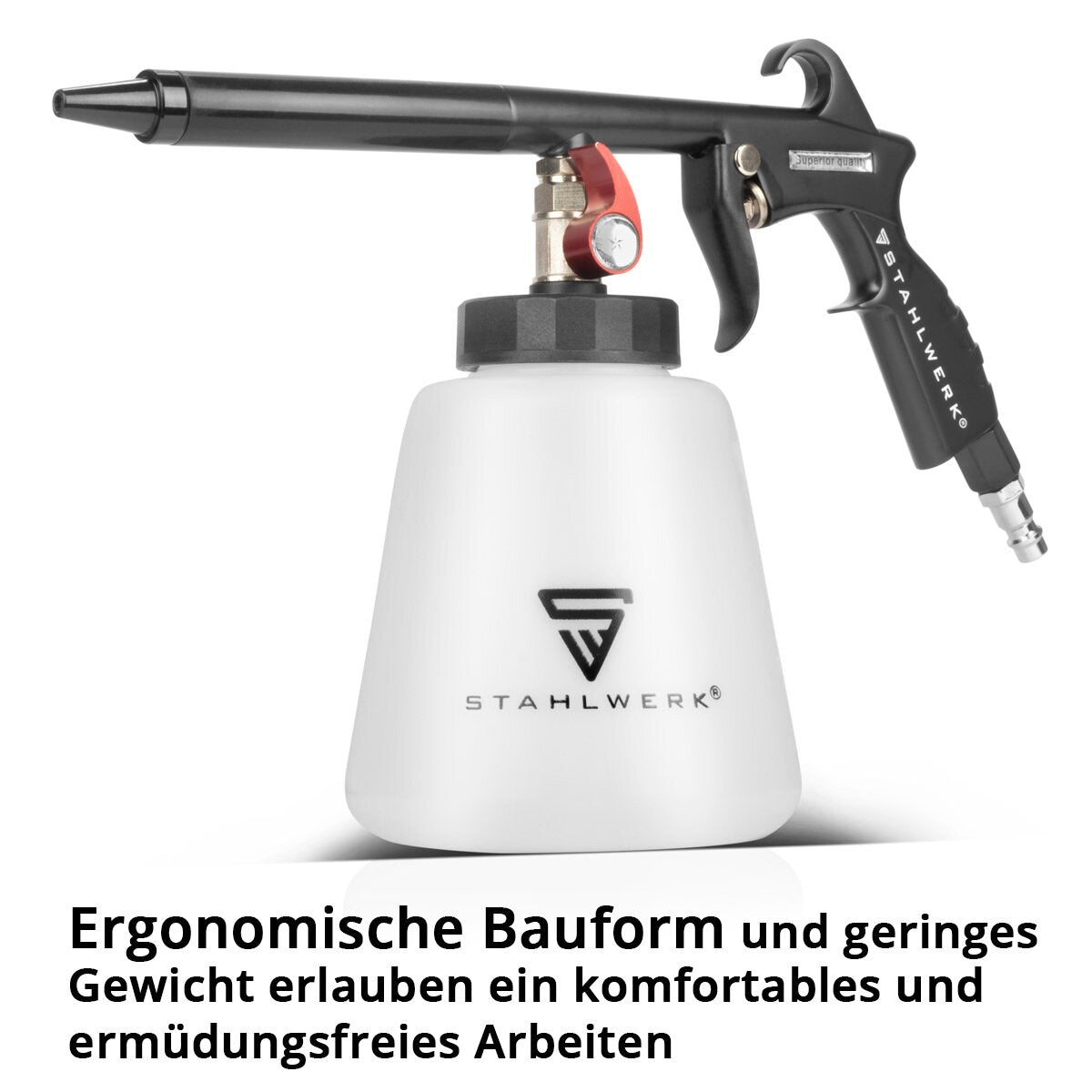 STAHLWERK Druckluft-Reinigungspistole RP-93 ST | Profi Druckluftreiniger für effektive Autowäsche und Reinigung verschiedener Oberflächen | Ausblaspistole zur Fahrzeugaufbereitung mit abnehmbaren 1 Liter Behälter