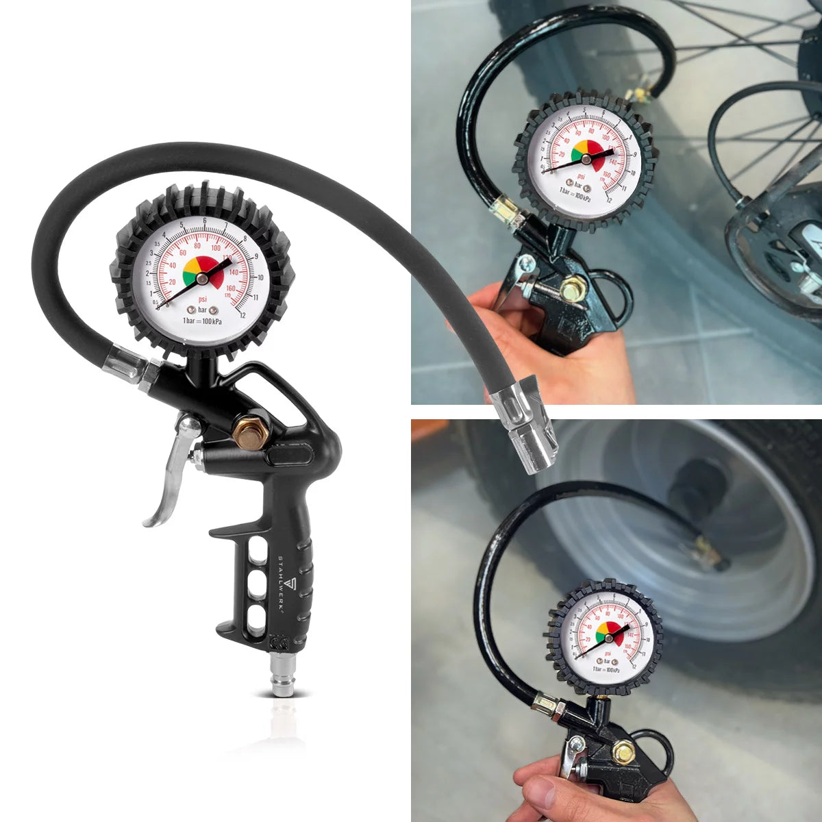 Set aria compressa STAHLWERK 5 pezzi | attrezzo ad aria compressa comprensivo di pistola per verniciatura, pistola per soffiaggio, pistola per pulizia con contenitore, gonfiatore per pneumatici con manometro e tubo a spirale da 5 metri per il collegamento