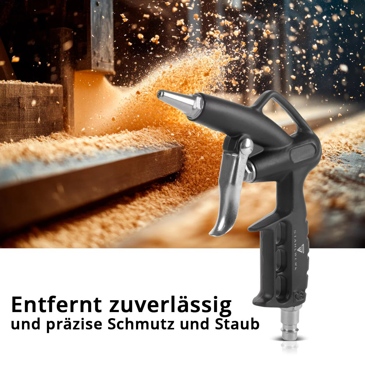 Set aria compressa STAHLWERK 5 pezzi | attrezzo ad aria compressa comprensivo di pistola per verniciatura, pistola per soffiaggio, pistola per pulizia con contenitore, gonfiatore per pneumatici con manometro e tubo a spirale da 5 metri per il collegamento