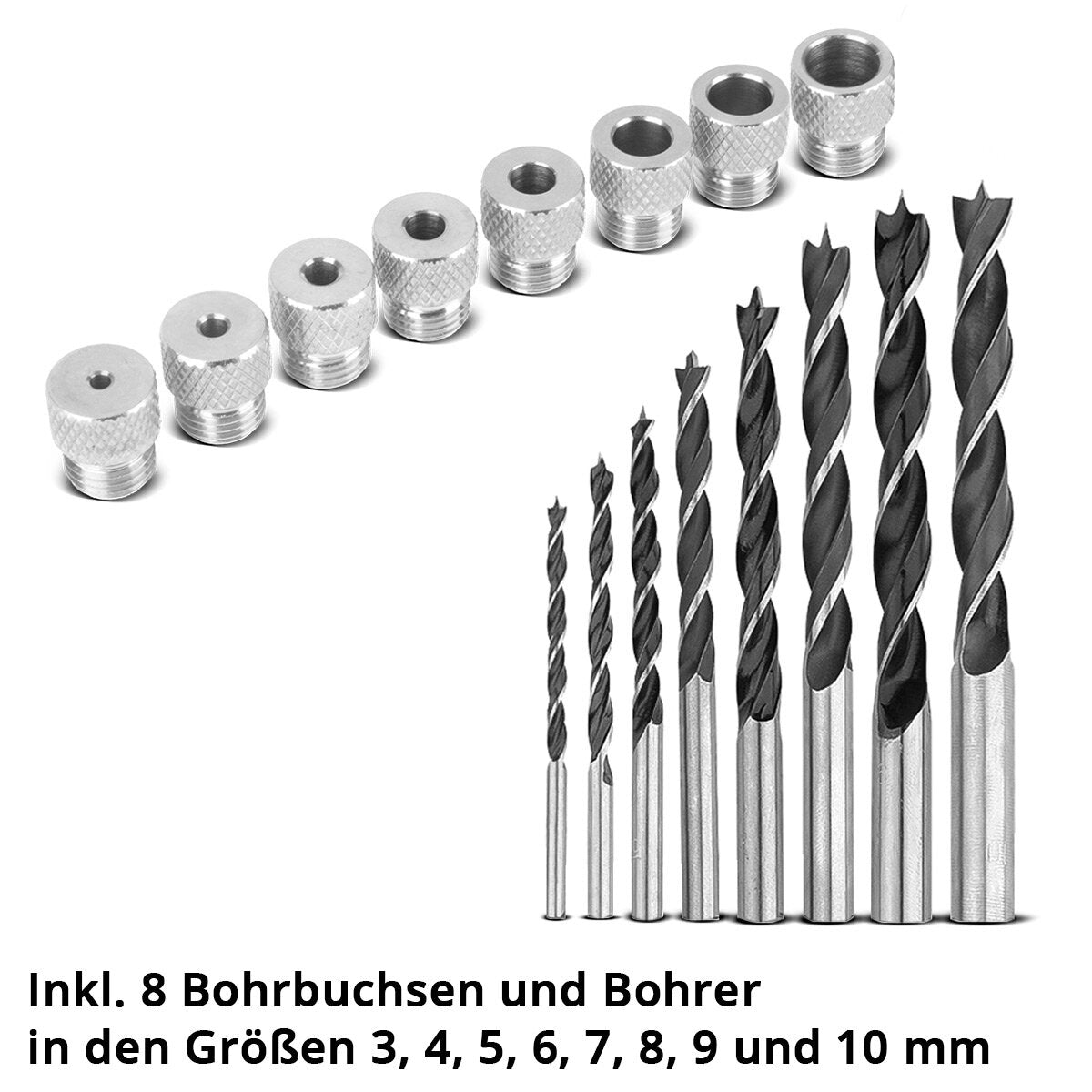 STAHLWERK dowel jig set with drill bushings and drill bits 3 | 4 | 5 | 6 | 7 | 8 | 9 | 10 mm self-centering dowel aid | Dowel gauge | Drilling template | Drill guide | Drilling aid | Drilling jig for wooden dowels