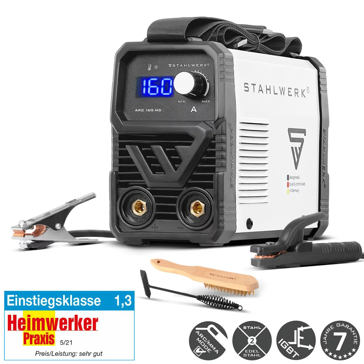 Poste de soudage à électrode STAHLWERK ARC 160 MD DC MMA, soudeuse à main électrique, soudeuse TIG | Réglable en continu | Vrai 160 ampères | Très compact et léger | Démarrage à chaud, antiadhésif, refroidissement intelligent | Technologie IGBT