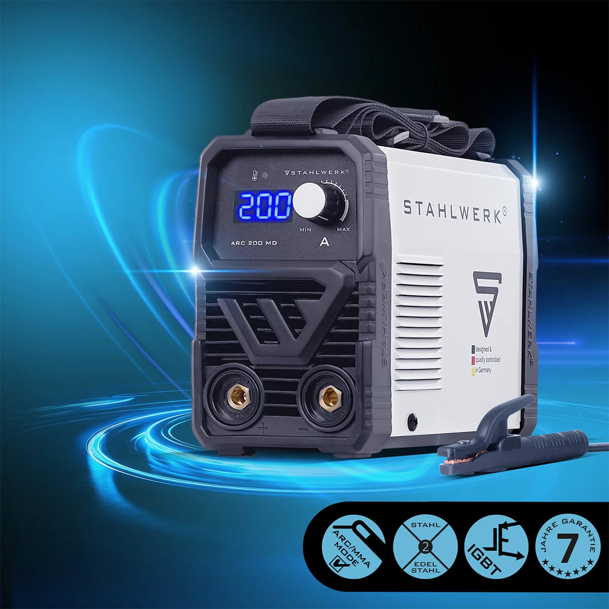 STAHLWERK Elektroden-Schweißgerät ARC 200 MD mit 200 Ampere| Vollausstattung | Schweißhelm | Elektroden | DC MMA/E-Hand | Lift-TIG | Hot-Start | Smartkühlung | Single-Board | Sehr kompakt