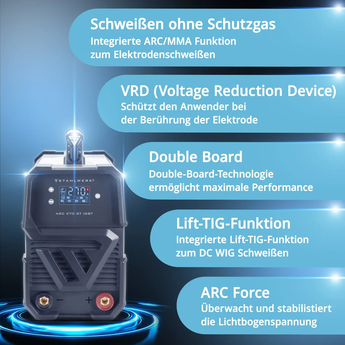 STAHLWERK ARC 270 ST welding machine DC MMA | E-hand inverter welding machine with 270 amps, digital display and IGBT technology