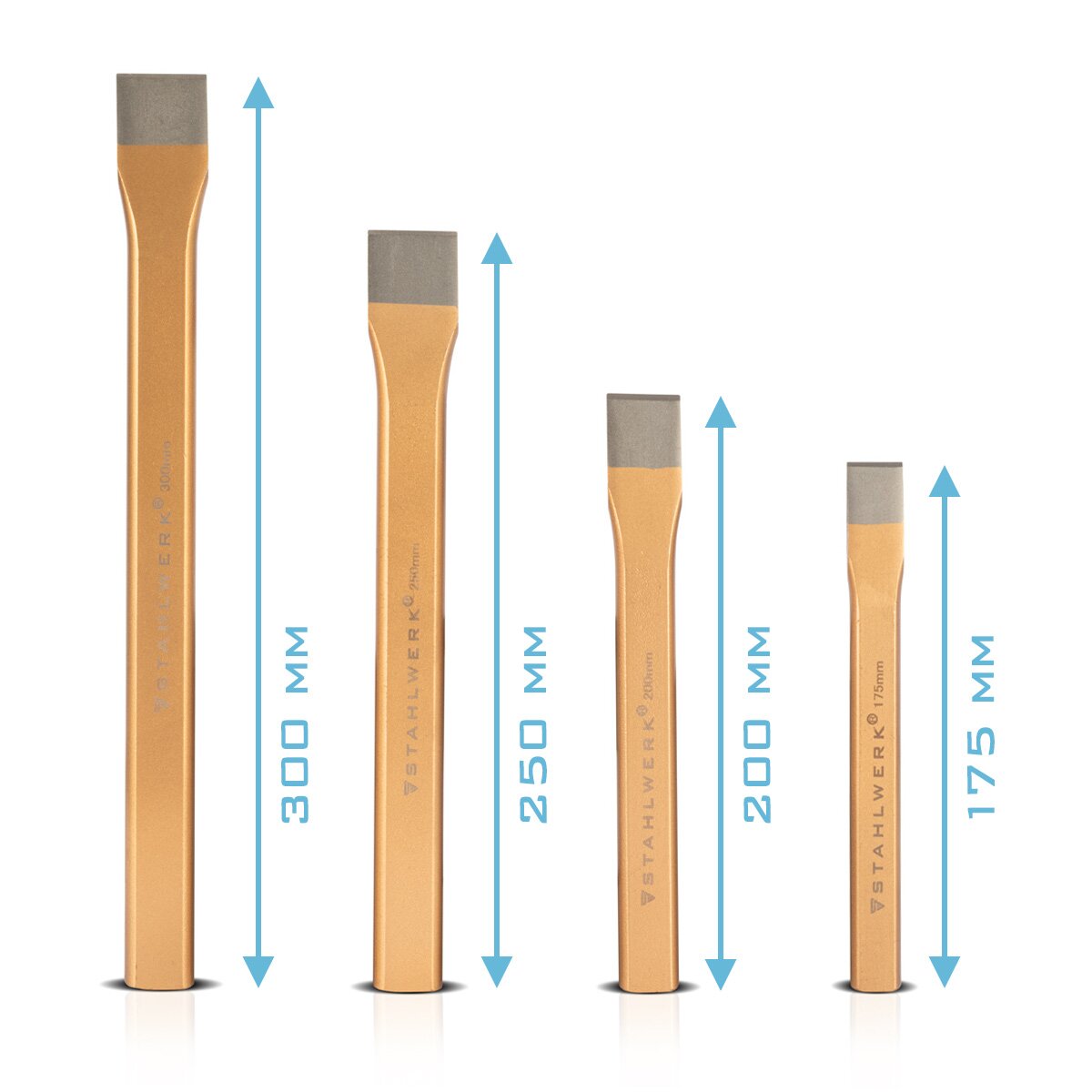 STAHLWERK Flachmeißel 4er Set Gold 175 | 200 | 250 | 300 mm Handmeißel aus gehärtetem Stahl zum professionellen Meißeln von Metall, Stein, Holz, Beton, Fliesen und Kunststoffen