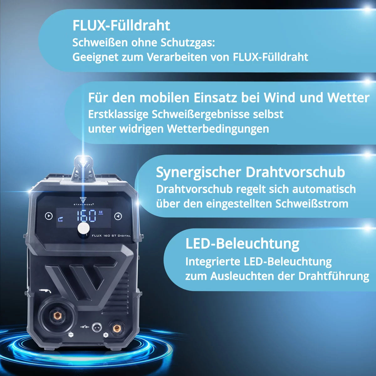 STAHLWERK FLUX 160 ST Digital | 3-in-1 Fülldraht-Inverter 160 A | Schweißgerät für FLUX, MMA, Lift-TIG | Synergischer Drahtvorschub | Schweißen ohne Schutzgas | Digitales Display | Einfache Bedienung
