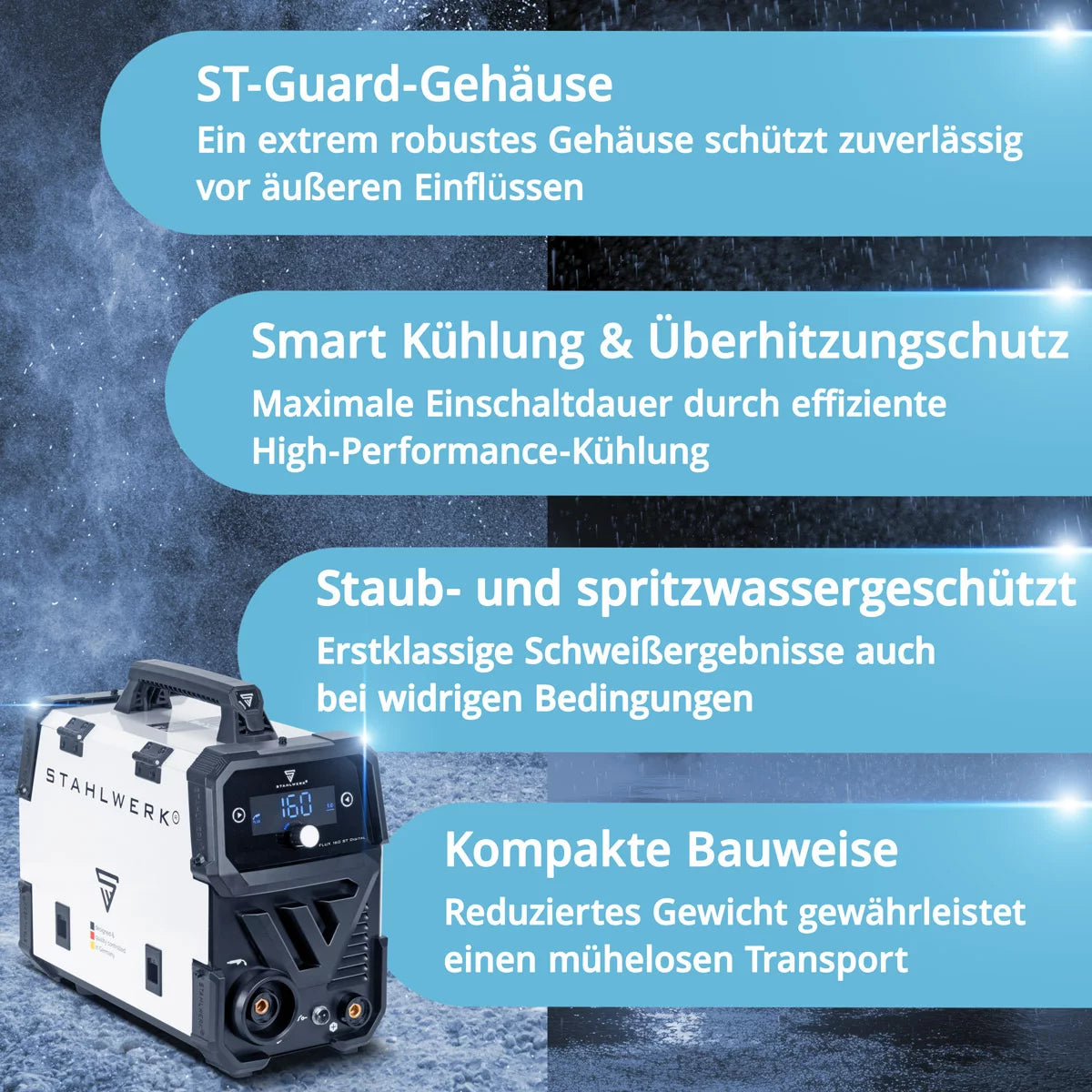 STAHLWERK FLUX 160 ST Digital | 3-in-1 Fülldraht-Inverter 160 A | Schweißgerät für FLUX, MMA, Lift-TIG | Synergischer Drahtvorschub | Schweißen ohne Schutzgas | Digitales Display | Einfache Bedienung