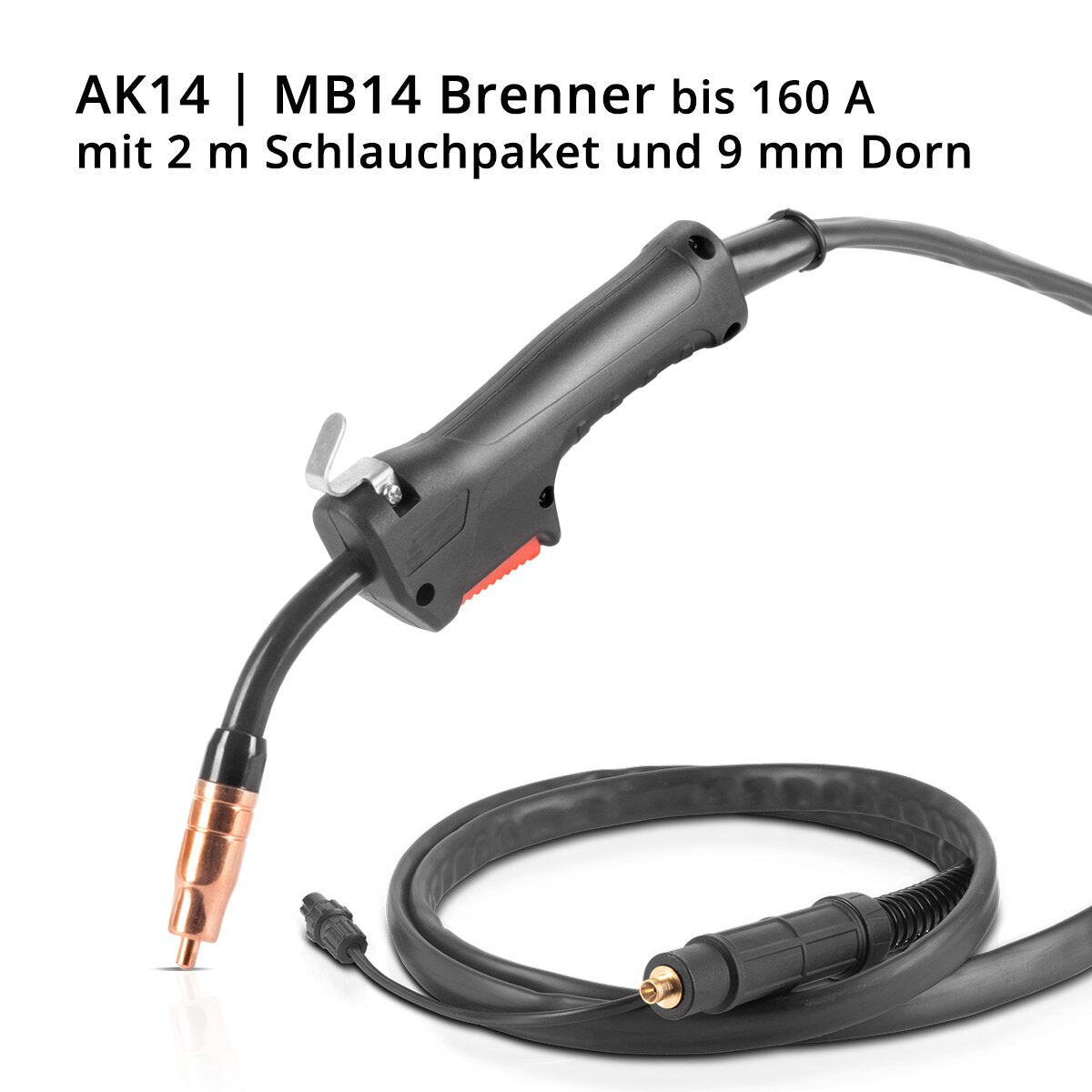 PLANTA ACERO AK14 | Antorcha de soldadura MB14 FLUX | Quemador de hasta 160 A, incluye paquete de manguera de 2 m, accesorios de soldadura profesionales para máquinas de soldar FLUX con conexión de mandril de 9 mm