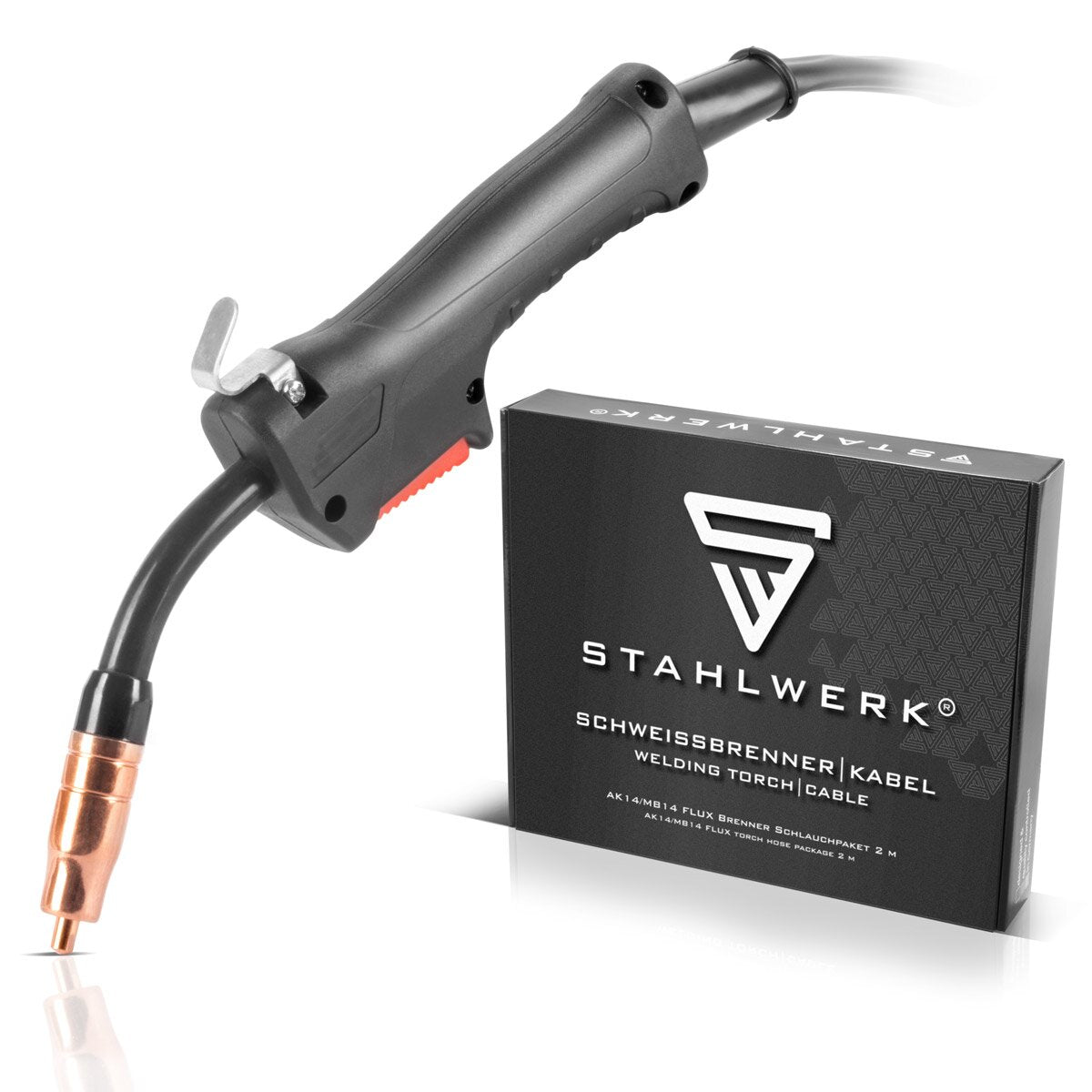PLANTA ACERO AK14 | Antorcha de soldadura MB14 FLUX | Quemador de hasta 160 A, incluye paquete de manguera de 2 m, accesorios de soldadura profesionales para máquinas de soldar FLUX con conexión de mandril de 9 mm