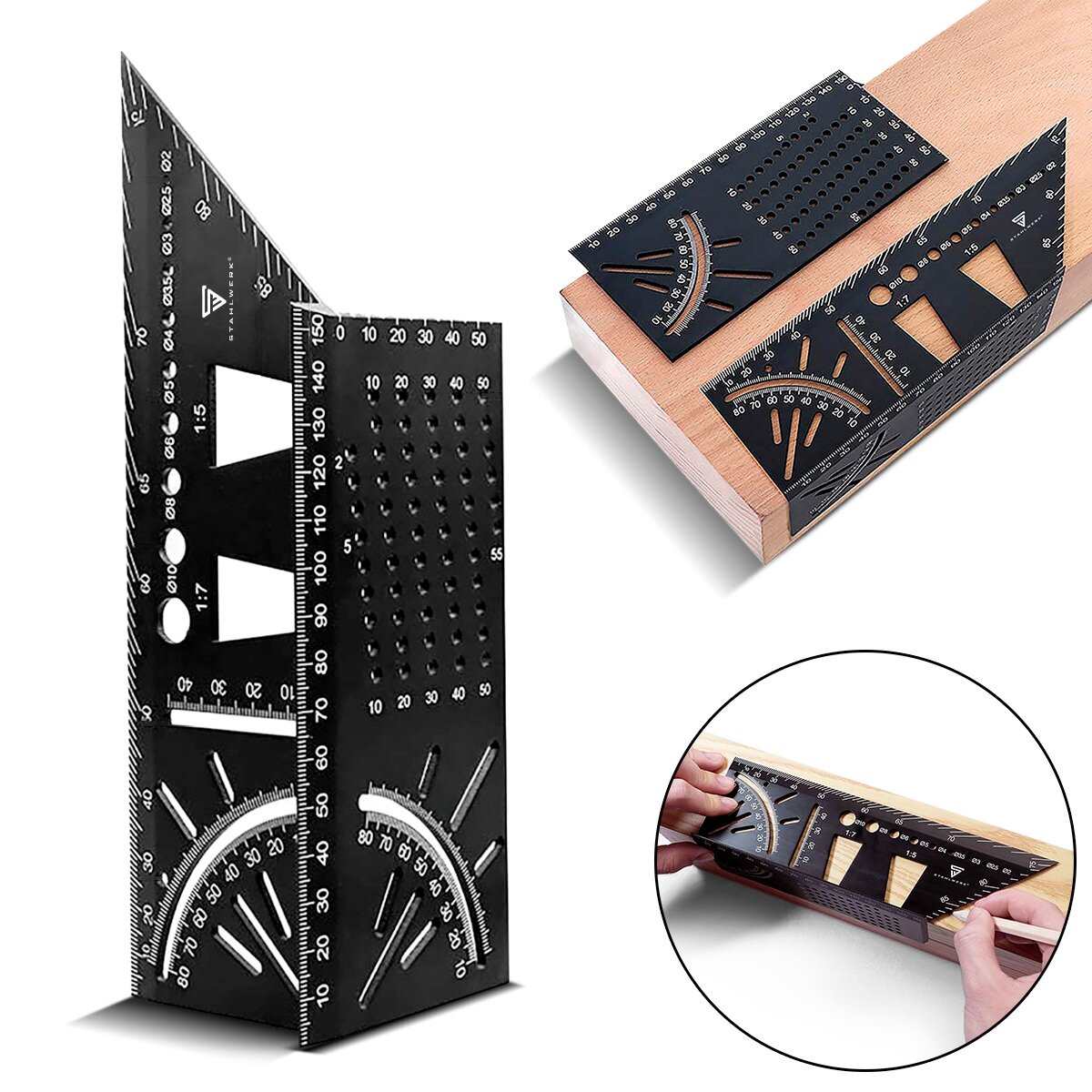 Règle d'angle d'onglet STAHLWERK avec butée et gabarit de perçage Angle 3D | angle du charpentier | Cornière en aluminium | Jauge à onglet | Rapporteur pour mesurer, marquer, marquer et dessiner avec précision