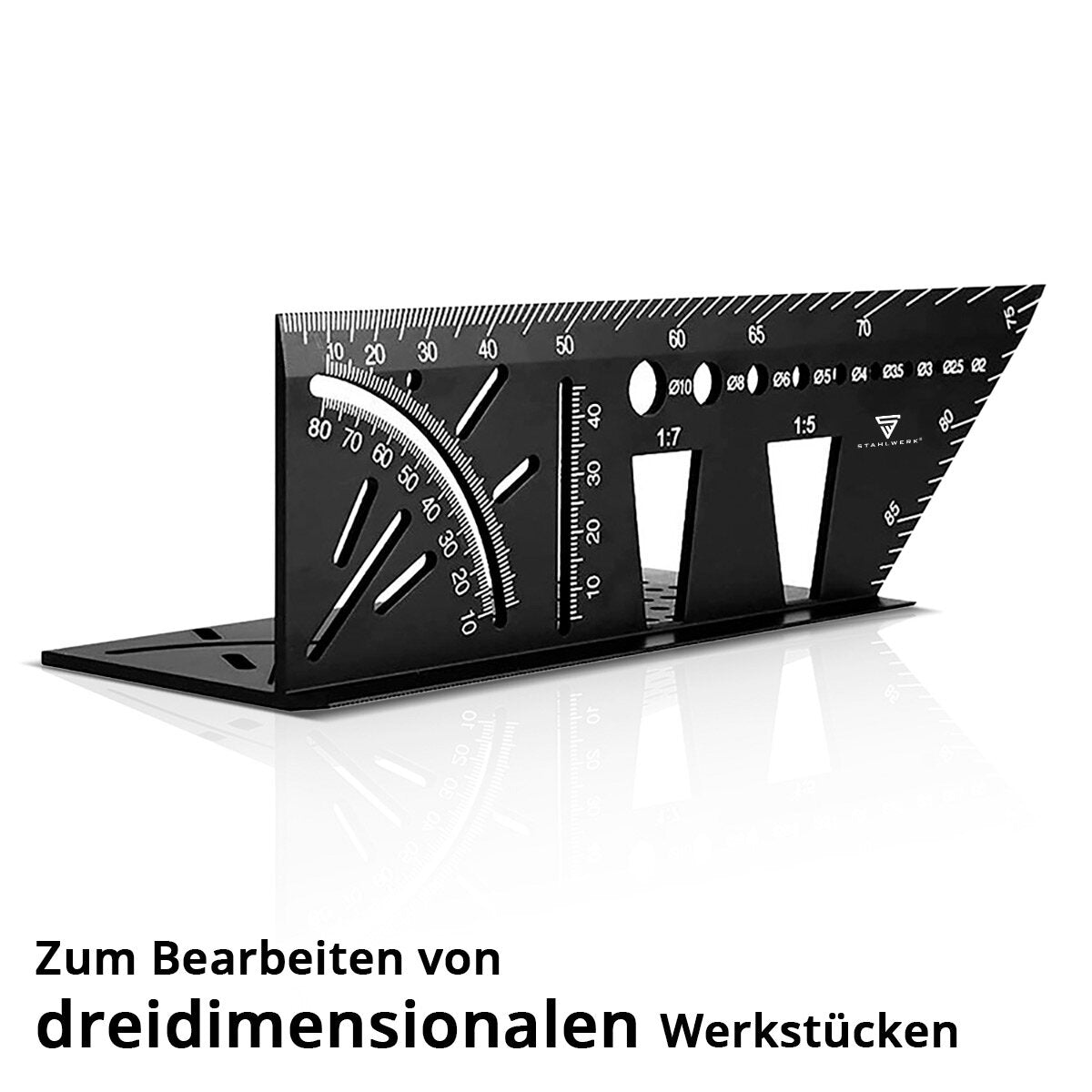 Règle d'angle d'onglet STAHLWERK avec butée et gabarit de perçage Angle 3D | angle du charpentier | Cornière en aluminium | Jauge à onglet | Rapporteur pour mesurer, marquer, marquer et dessiner avec précision