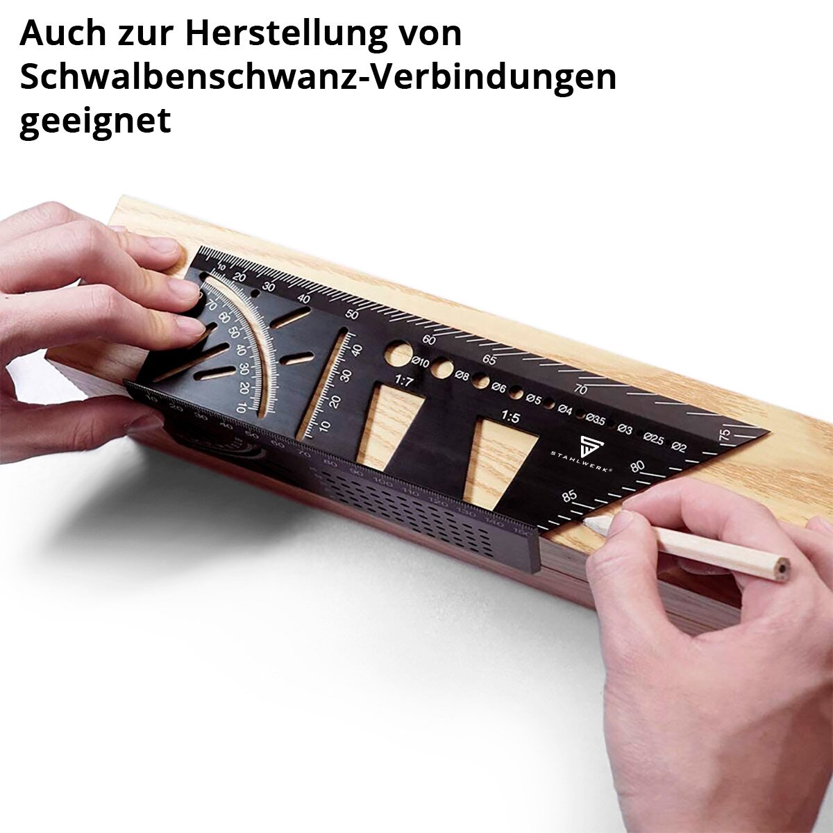 STAHLWERK miter angle ruler with stop and drilling jig 3D angle | carpenter's angle | Aluminum angle | Miter gauge | Protractor for precise measuring, marking, marking and drawing