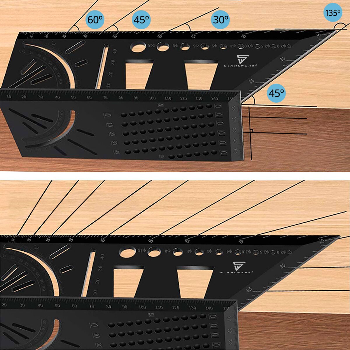 STAHLWERK miter angle ruler with stop and drilling jig 3D angle | carpenter's angle | Aluminum angle | Miter gauge | Protractor for precise measuring, marking, marking and drawing