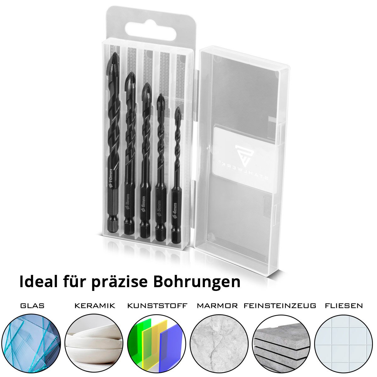 STAHLWERK glass drill | Tile drill | Ceramic drill set of 5 4 | 5 | 6 | 8 | 10 mm with 1/4 inch hexagonal holder for drilling holes in glass, tiles, ceramics, porcelain, clinker brick, fine stoneware, marble