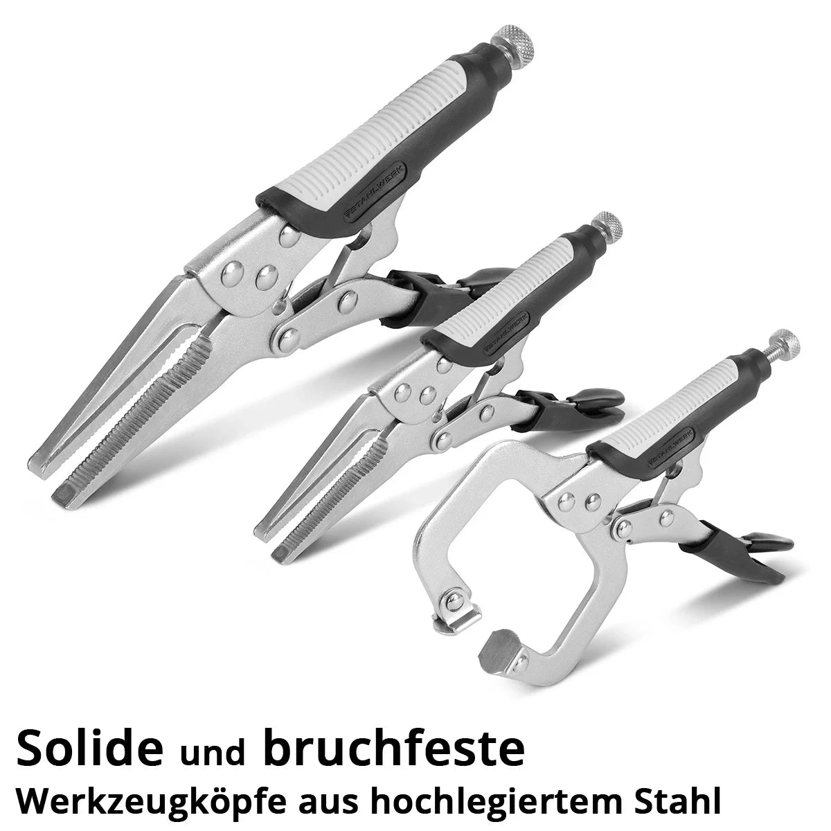 STAHLWERK Gripzangen Set 6-teilig Klemmbereich einstellbar | Langbeck-Gripzange 165/241mm | Gripzangen mit gebogenen Backen 127/178/254 mm | C-Klemme 152 mm | Ergonomische TPR Griffe | Rolltasche inklusive