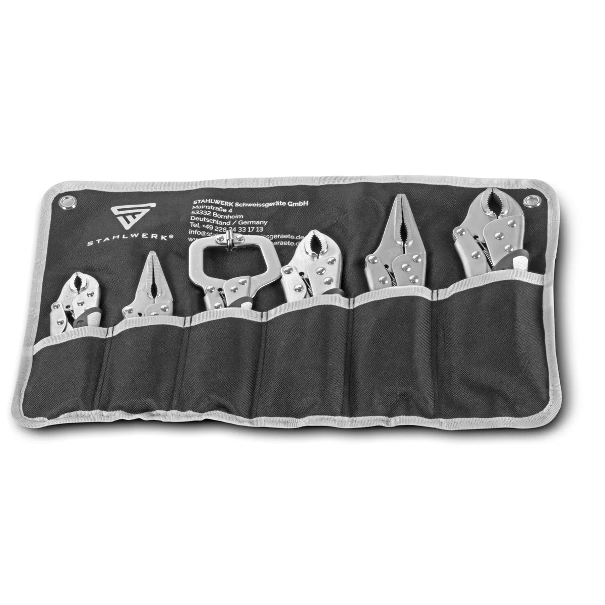 STAHLWERK Gripzangen Set 6-teilig Klemmbereich einstellbar | Langbeck-Gripzange 165/241mm | Gripzangen mit gebogenen Backen 127/178/254 mm | C-Klemme 152 mm | Ergonomische TPR Griffe | Rolltasche inklusive