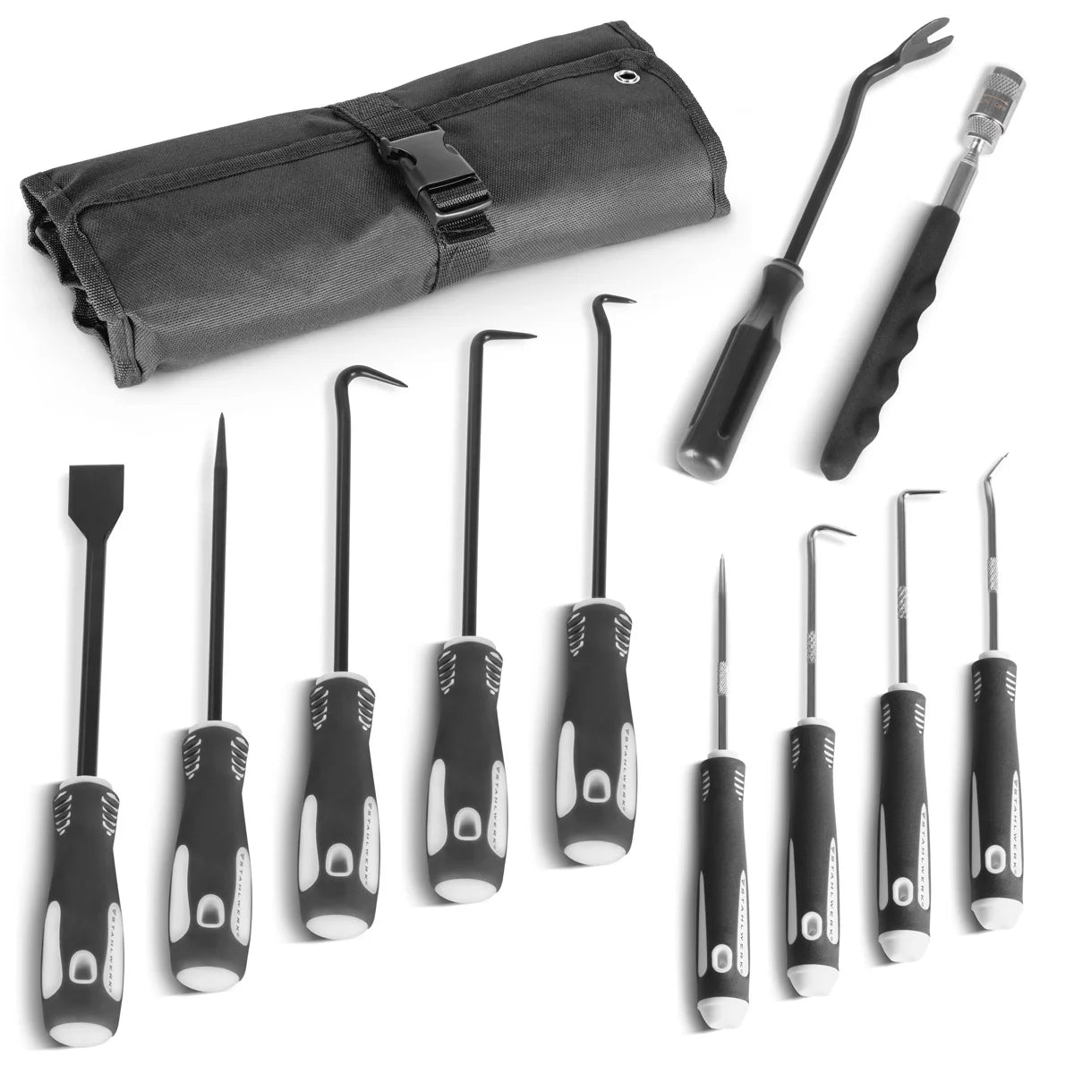 Set di attrezzi a gancio STAHLWERK 12 pezzi | Set ganci | Gancio per ago | Gancio di chiusura | Set di pick per auto | Gancio di precisione | Telescopio magnetico | Strumento per O-ring per rimuovere e inserire le guarnizioni