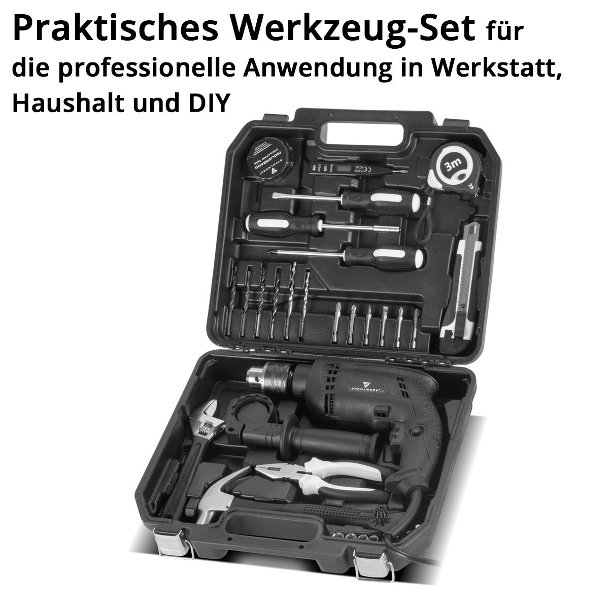STAHLWERK Heimwerker Set DTS-33 ST Werkzeugkoffer | Tool Box | Werkzeugkasten mit 32-teiligem Werkzeug Set aus Schlagbohrer, Schraubendrehern, Hammer, Zange, Maßband, Spannungsprüfer, Bits und Zubehör