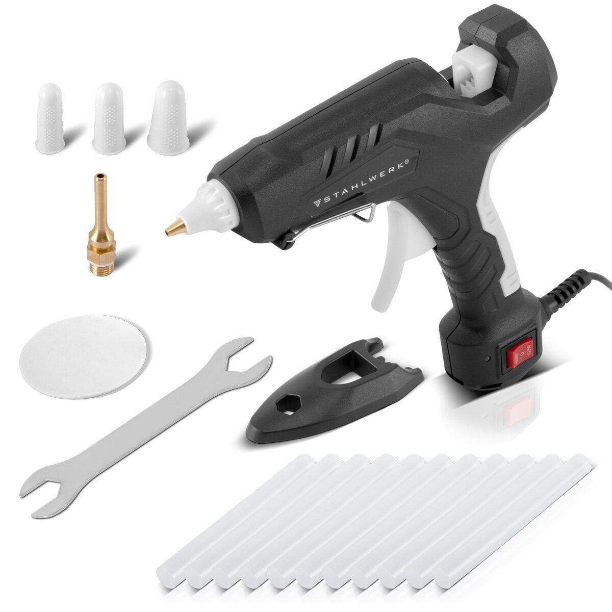 Pistolet à colle chaude STAHLWERK HKP-100DT ST Pistolet à colle professionnel / pistolet à colle chaude / pistolet à colle thermofusible avec clapet anti-retour et 100 watts pour bâtons de colle chaude de 11 mm