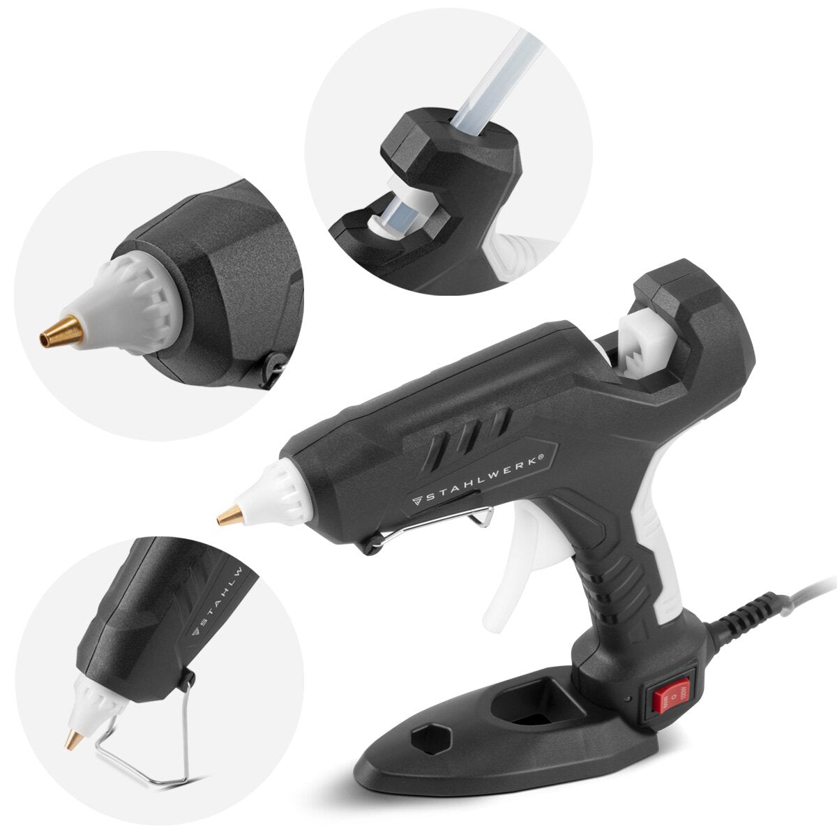 Pistolet à colle chaude STAHLWERK HKP-100DT ST Pistolet à colle professionnel / pistolet à colle chaude / pistolet à colle thermofusible avec clapet anti-retour et 100 watts pour bâtons de colle chaude de 11 mm