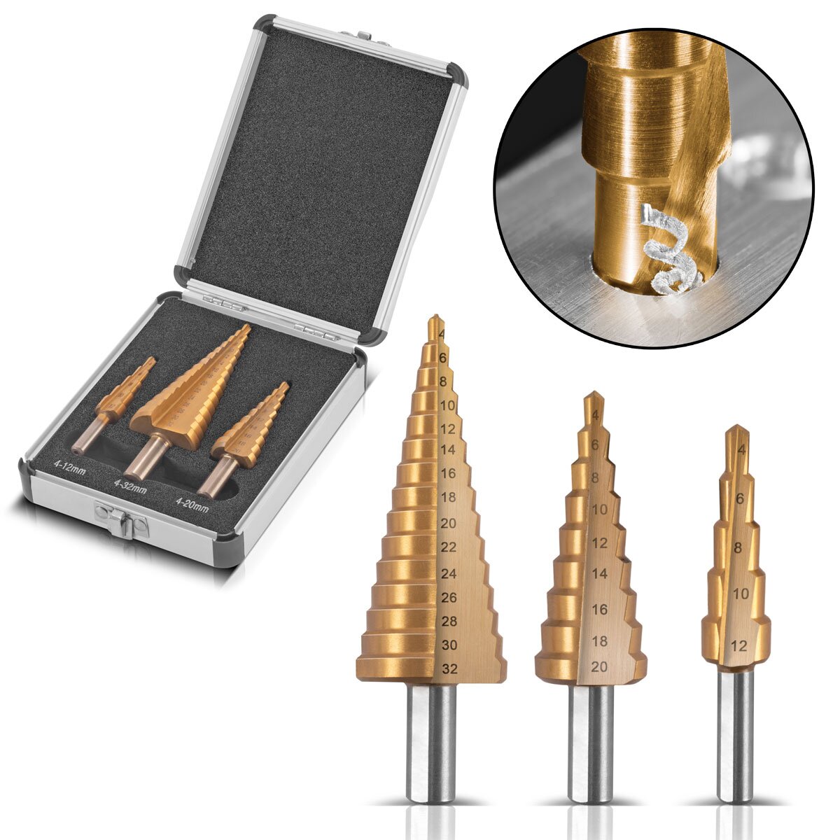STAHLWERK HSS step drill set of 3 TiN coating 4-12 | 4-20 | 4-32mm Titanium Coated Metal Drill Bits | Cone drill | Countersink drill | Paring drill | Cone drill | Drill set with aluminum box