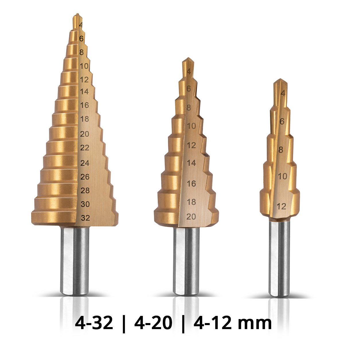 STAHLWERK HSS step drill set of 3 TiN coating 4-12 | 4-20 | 4-32mm Titanium Coated Metal Drill Bits | Cone drill | Countersink drill | Paring drill | Cone drill | Drill set with aluminum box