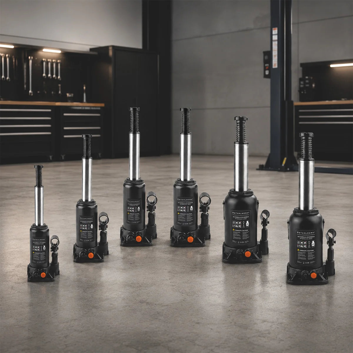 Gato hidráulico STAHLWERK GW0604 con capacidad de carga de 6 t | Rango de carrera 200 - 405 mm | Gato de sello compacto | Gato hidráulico para coche | Gato de botella estable para máquinas, vehículos industriales y turismos
