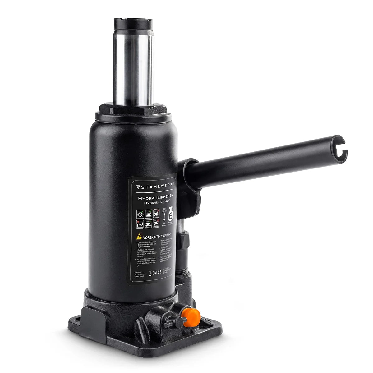 Gato hidráulico STAHLWERK GW0604 con capacidad de carga de 6 t | Rango de carrera 200 - 405 mm | Gato de sello compacto | Gato hidráulico para coche | Gato de botella estable para máquinas, vehículos industriales y turismos