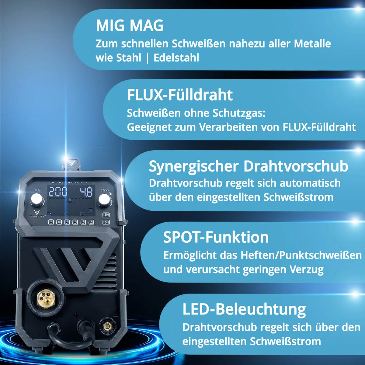 STAHLWERK welding machine MIG MAG 200 ST Digital fully equipped IGBT inert gas welding machine | Inverter with 200 A, spot function, synergic wire feed, FLUX and MMA | ARC function