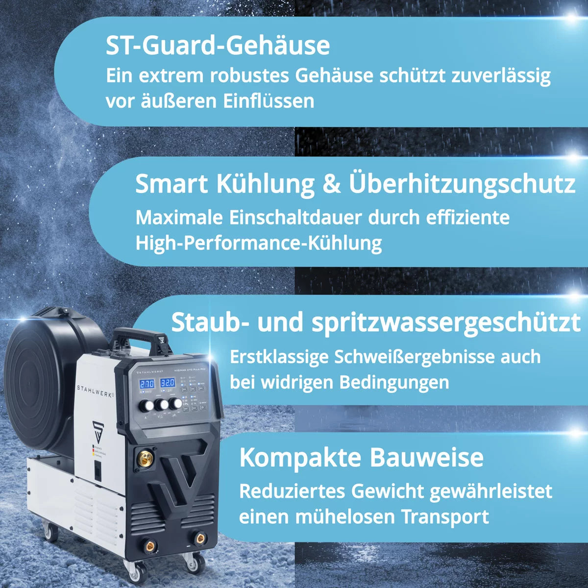 STAHLWERK welding machine MIG 270 Puls Pro | 4-in-1 inert gas welding machine with pulse function | Inverter with 270 A, spot function, synergic wire feed, 4-roller drive, FLUX, Lift TIG and MMA | ARC function | Pulse aluminum welding function
