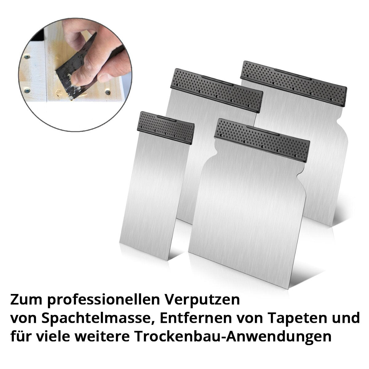 STAHLWERK Spachtel Set 4-teiliger Spachtelsatz 50, 80, 100, 120 mm, Universal Flächenspachtel / Japanspachtel / Malerspachtel mit elastischer und bruchfester Klinge aus Federband-Stahl