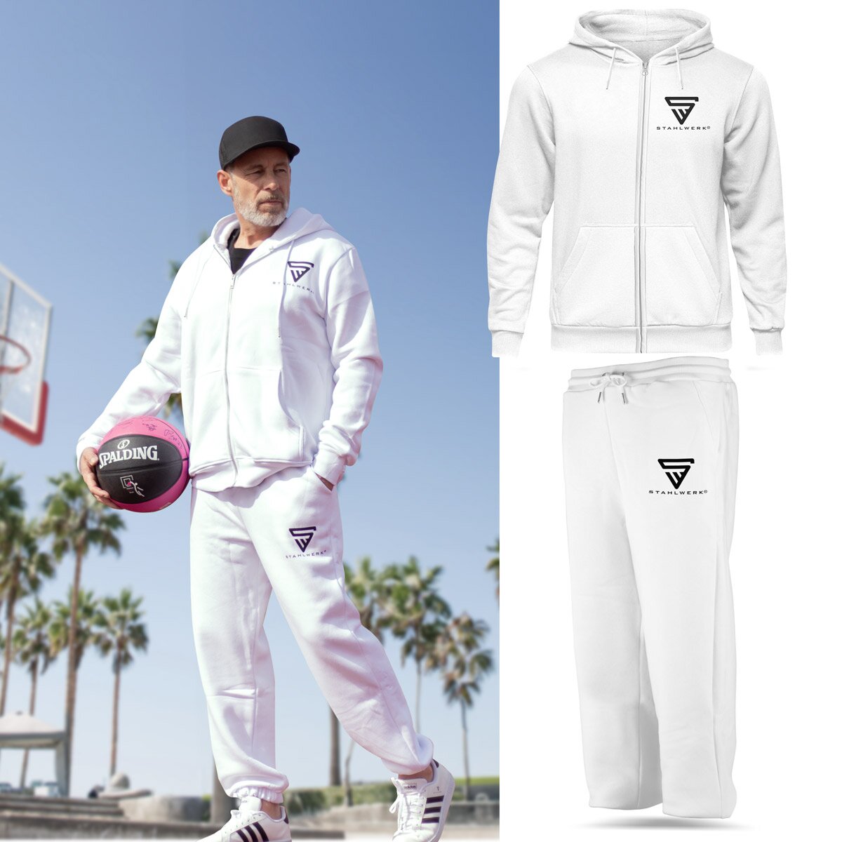 STAHLWERK Jogging Suit White Size L Tracksuit | joggers | Tracksuit | Sports suit | Sweatsuit | Fitness suit with hoodie and sweatpants