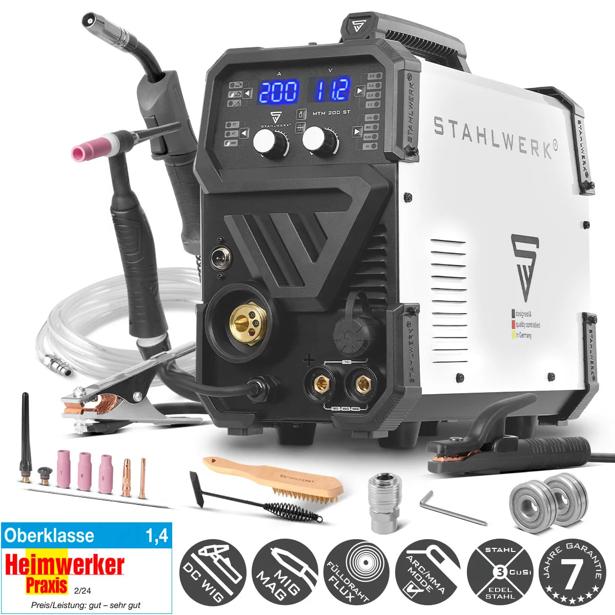 STAHLWERK MTM-200 ST 3-in-1 Schutzgas-Schweißgerät | 200 A Kombi-Inverter für WIG, MIG/MAG, MMA, FLUX, CuSi3-Löten | HF-Zündung | Synergischer Drahtvorschub | VRD und Hotstart | 2-Takt / 4-Takt Modus