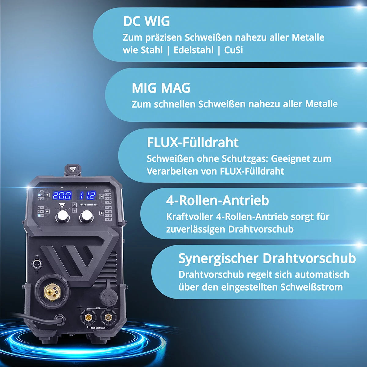 STAHLWERK MTM-200 ST 3-in-1 Schutzgas-Schweißgerät | 200 A Kombi-Inverter für WIG, MIG/MAG, MMA, FLUX, CuSi3-Löten | HF-Zündung | Synergischer Drahtvorschub | VRD und Hotstart | 2-Takt / 4-Takt Modus