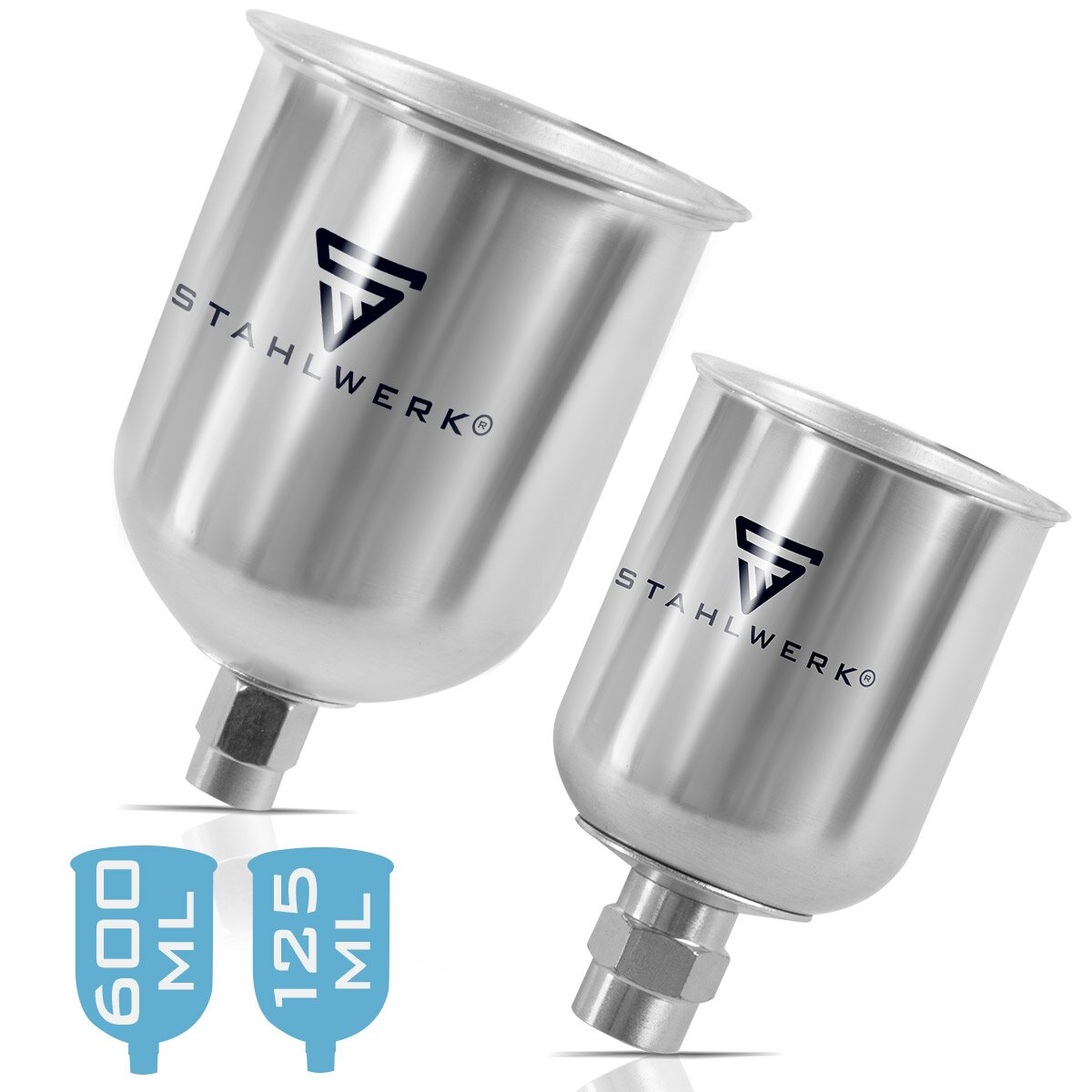 Jeu de gobelets à peinture en aluminium STAHLWERK 125 ml / 600 ml pour pistolet à peinture / pistolet pulvérisateur / pistolet pulvérisateur / pistolet pulvérisateur