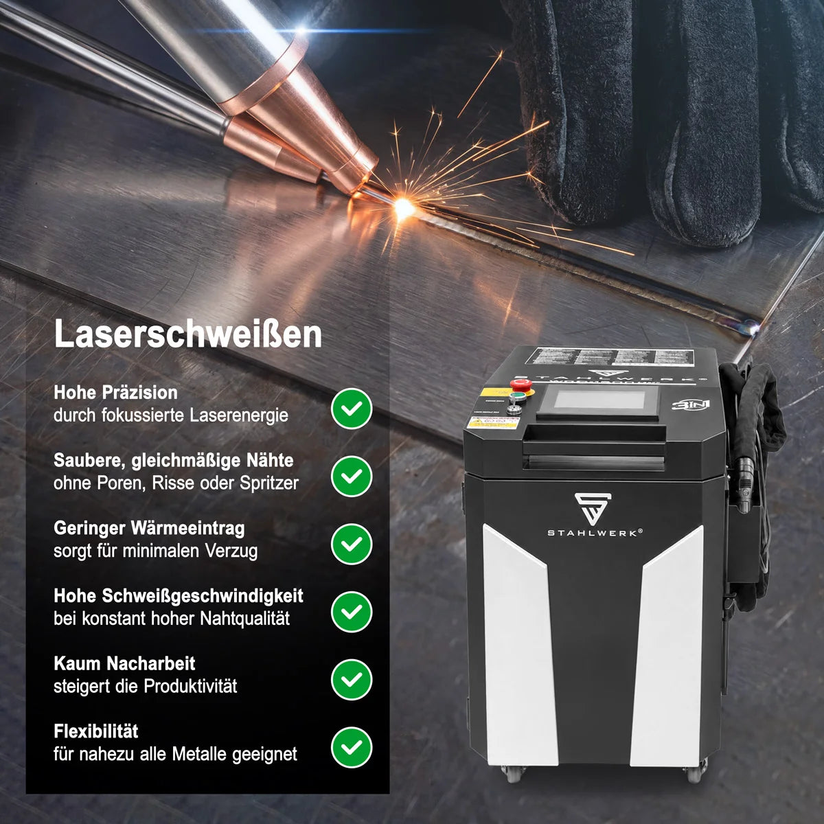 Poste de soudage laser STAHLWERK WCD 2000 Laser Pro avec 2000 W | Système de soudage laser 3 en 1 pour le soudage, la découpe et le nettoyage | Système de soudage portatif avec laser à fibre CW | Classe laser 4 | 230V