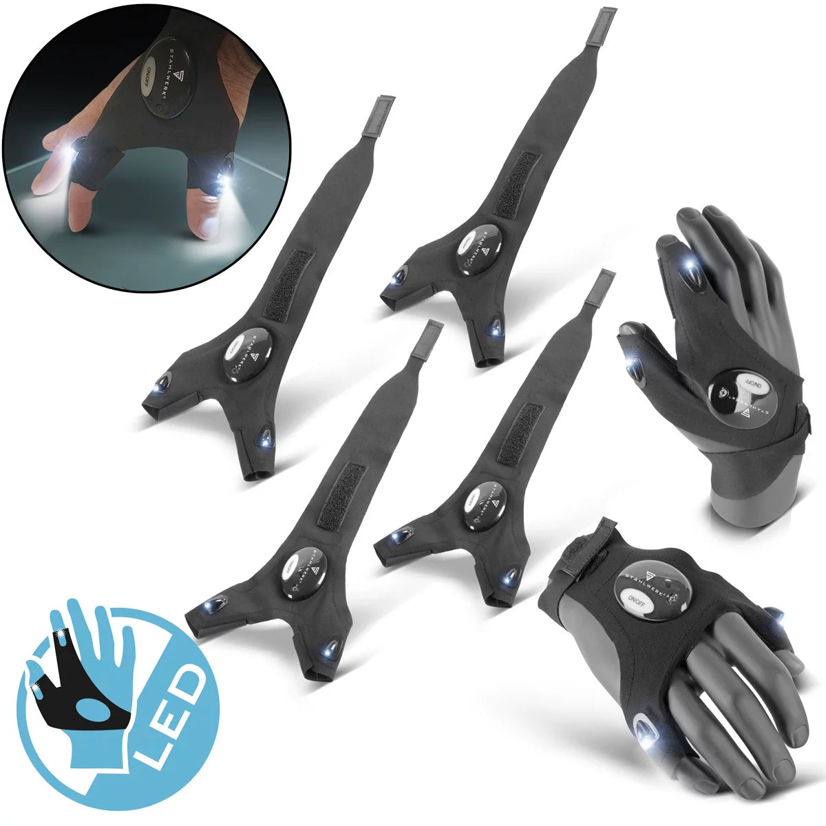 STAHLWERK LED gloves set of 2 | Bright light and free hands for repairs or assembly work | Work gloves with light | Universally applicable | One size fits all I Ideal for mechanics and craftsmen