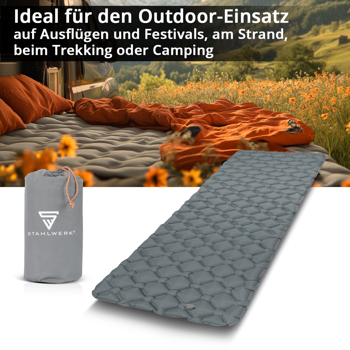 Colchón de aire STAHLWERK LM-70 ST 200 x 70 cm cama de aire inflable | Colchón de camping | colchoneta para dormir | Colchoneta para dormir | Colchón de viaje con bolsa de transporte para camping y exteriores.