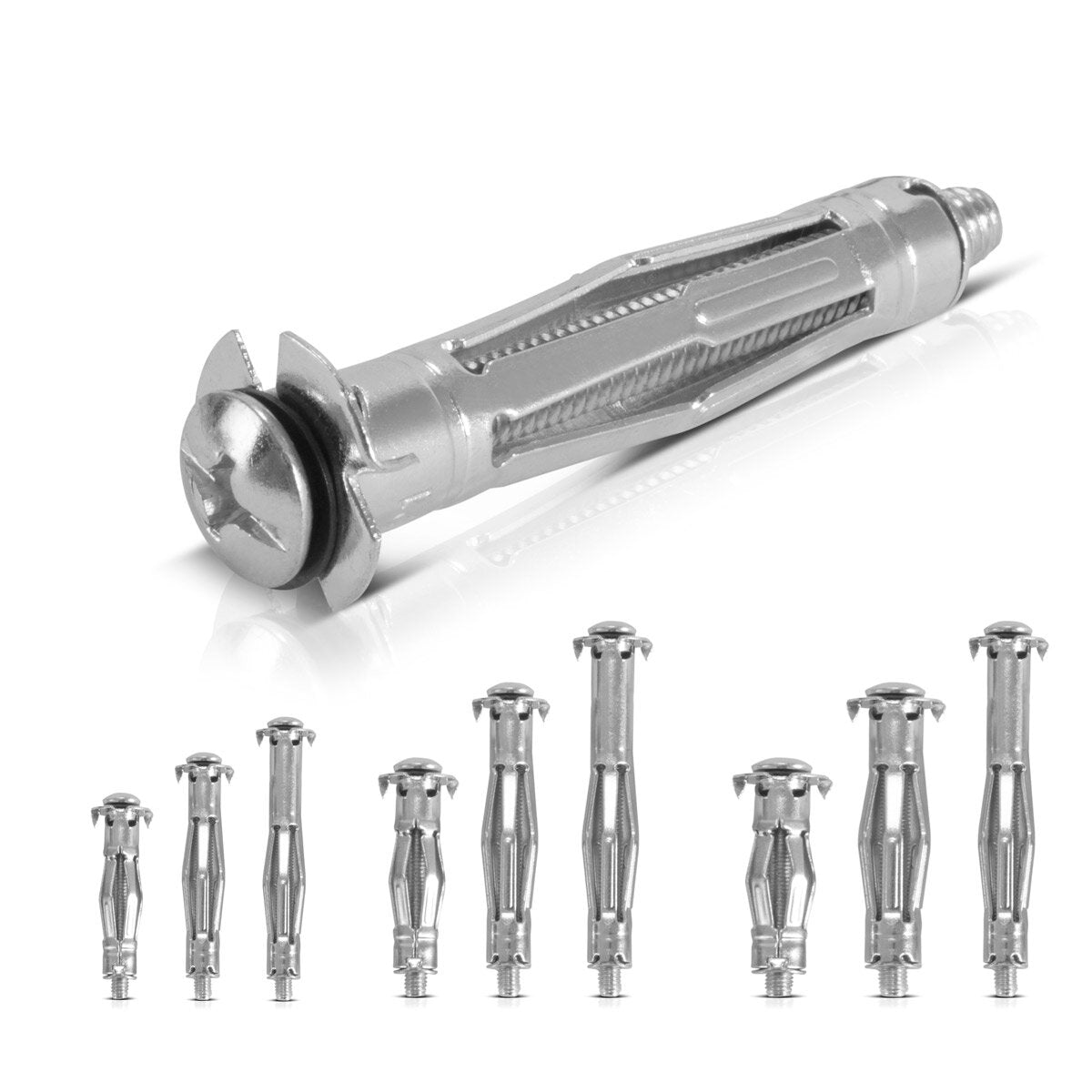 STAHLWERK Metall-Hohlraumdübel 141-teiliges Set M4 x 32 | M4 x 38 | M4 x 46 | M5 x 37 | M5 x 52 | M5 x 65 | M6 x 37 | M6 x 52 | M6 x 65 Metalldübel mit vormontierten Schrauben für Trockenbau-Arbeiten