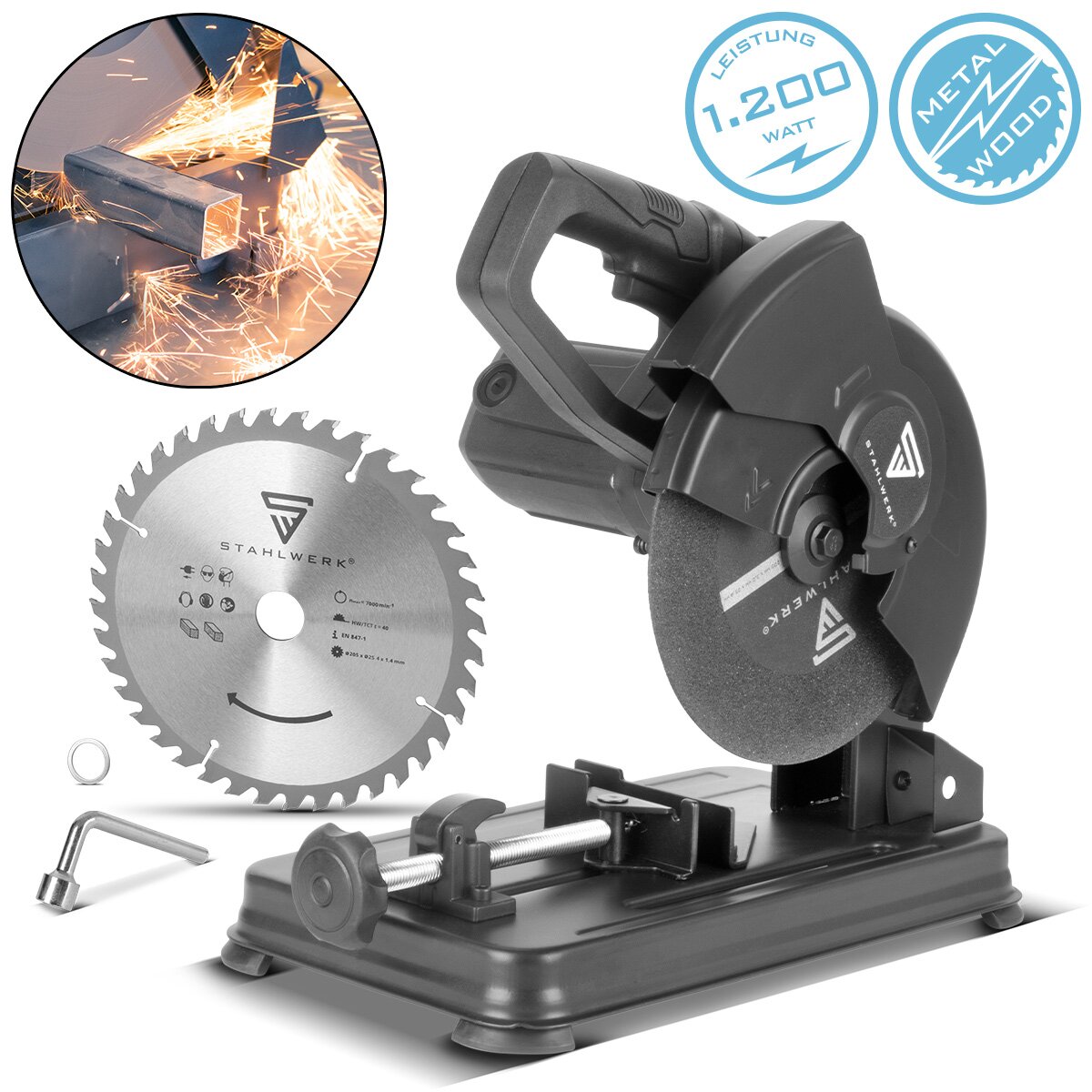 Scie à métaux STAHLWERK MT-205 ST scie à tronçonner | Scie à onglet | Scie à métaux de 1 200 W et 5 000 tr/min pour la coupe professionnelle d'acier, de métaux non ferreux, de fer et de profilés en fonte