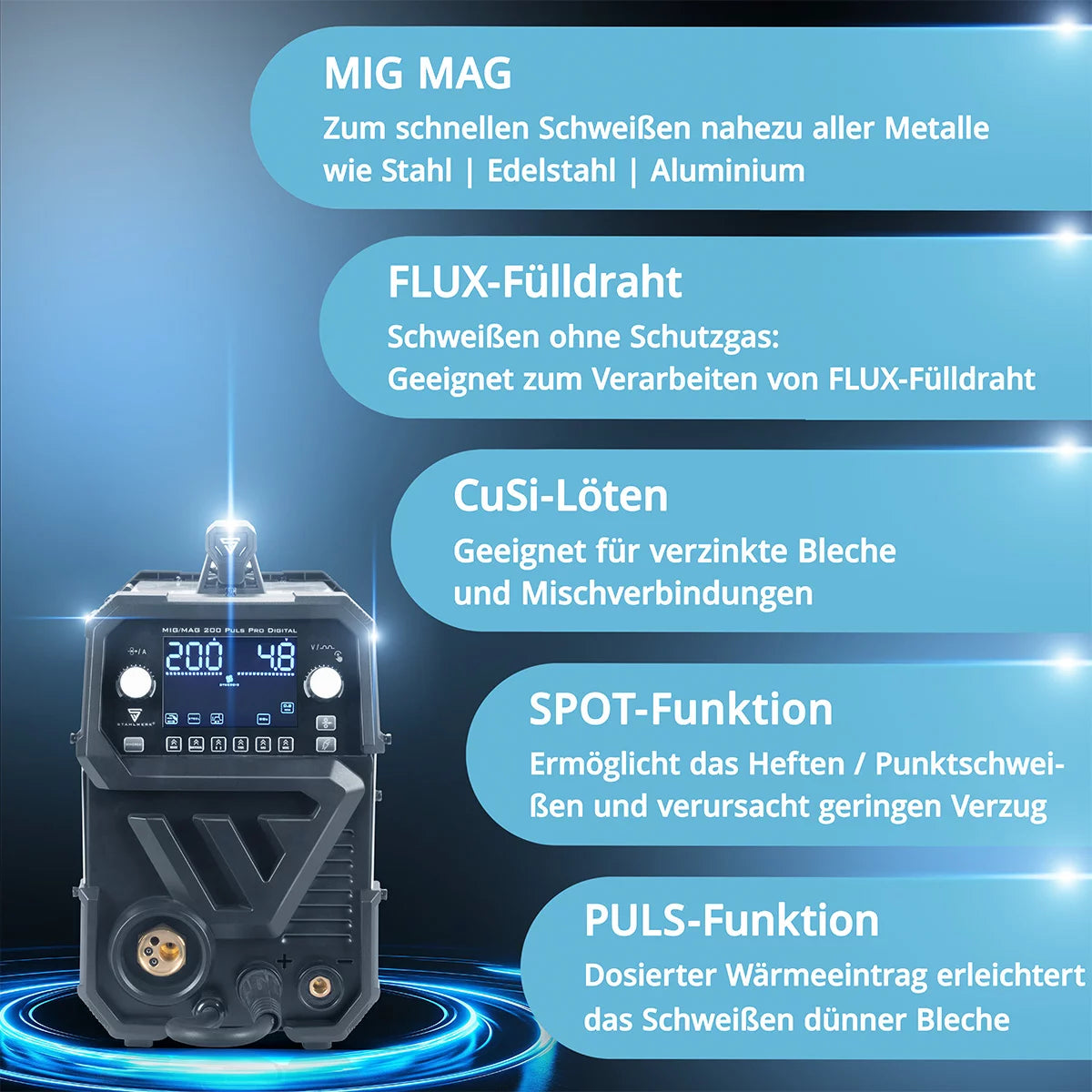STAHLWERK MIG MAG 200 Spot Puls Pro Digital Alu-Set | Schutzgas-Schweißgerät | IGBT Inverter 200 A | Synergischer Drahtvorschub | 4-Rollen-Antrieb, FLUX, Lift-TIG, MMA, CuSi, MIG-Puls für Alu