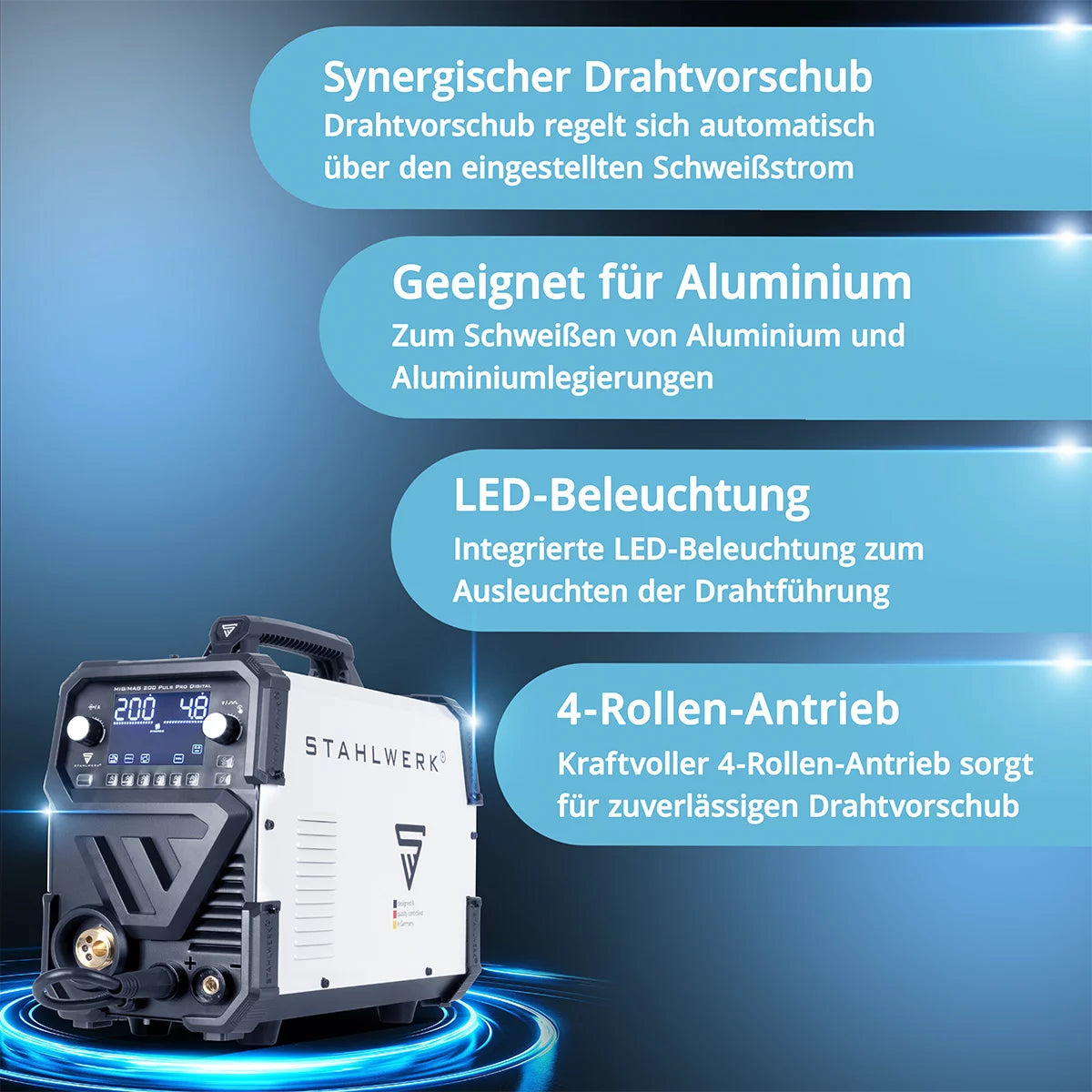 STAHLWERK MIG MAG 200 Spot Puls Pro Digital Alu-Set | Schutzgas-Schweißgerät | IGBT Inverter 200 A | Synergischer Drahtvorschub | 4-Rollen-Antrieb, FLUX, Lift-TIG, MMA, CuSi, MIG-Puls für Alu