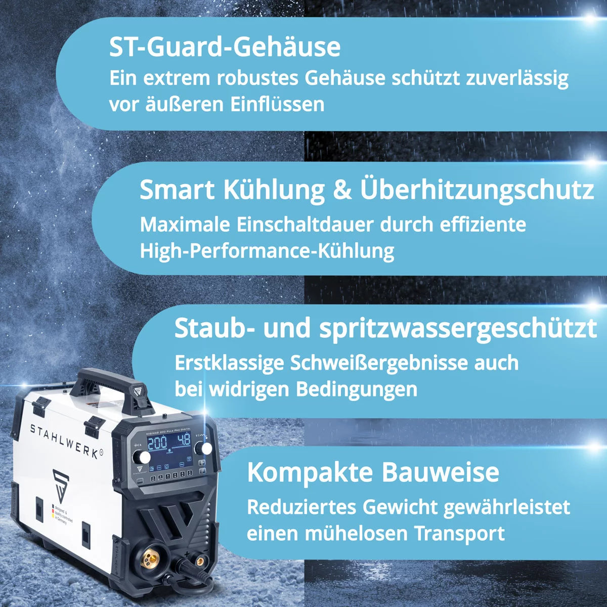 STAHLWERK MIG MAG 200 Spot Puls Pro Digital Alu-Set | Schutzgas-Schweißgerät | IGBT Inverter 200 A | Synergischer Drahtvorschub | 4-Rollen-Antrieb, FLUX, Lift-TIG, MMA, CuSi, MIG-Puls für Alu