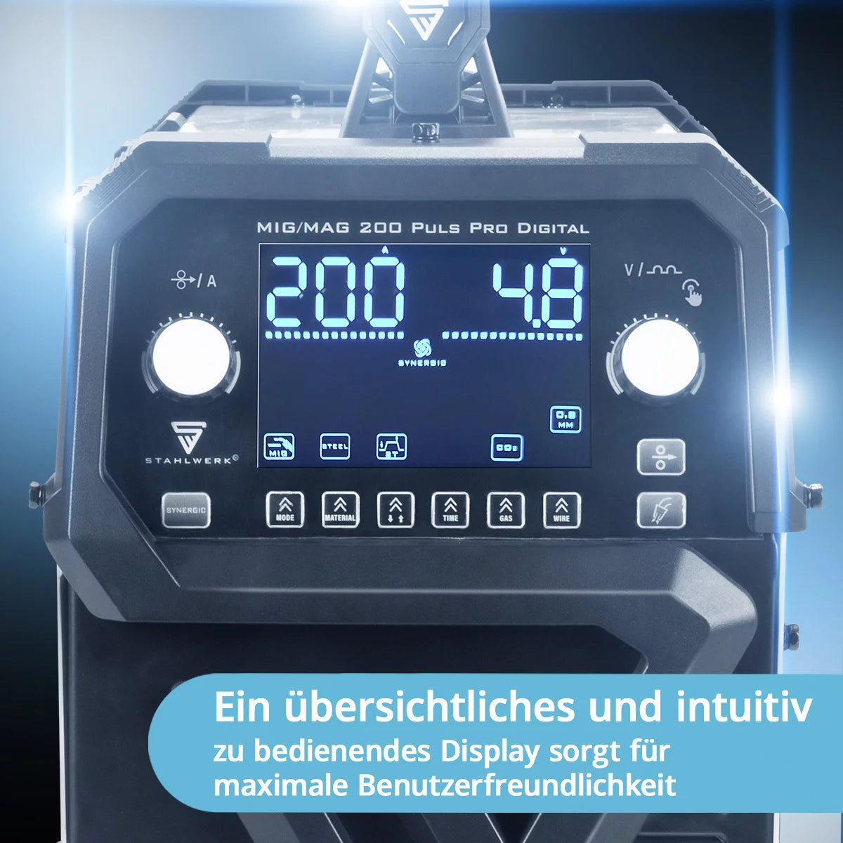 STAHLWERK MIG MAG 200 Spot Puls Pro Digital Alu-Set | Schutzgas-Schweißgerät | IGBT Inverter 200 A | Synergischer Drahtvorschub | 4-Rollen-Antrieb, FLUX, Lift-TIG, MMA, CuSi, MIG-Puls für Alu