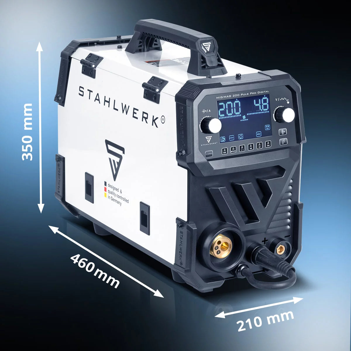 STAHLWERK MIG MAG 200 Spot Puls Pro Digital Alu-Set | Schutzgas-Schweißgerät | IGBT Inverter 200 A | Synergischer Drahtvorschub | 4-Rollen-Antrieb, FLUX, Lift-TIG, MMA, CuSi, MIG-Puls für Alu