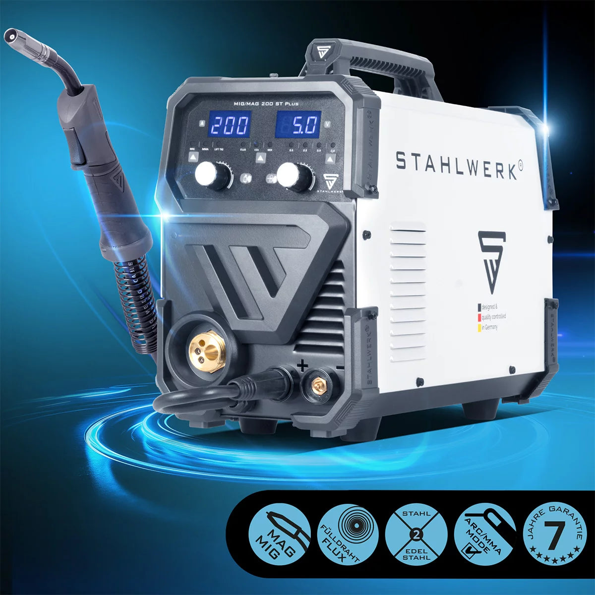 Saldatrice STAHLWERK MIG MAG 200 ST PLUS attrezzatura completa saldatrice a gas inerte | Inverter IGBT da 200 A, trainafilo sinergico, FLUX, Lift-TIG e MMA | Funzione ARCO