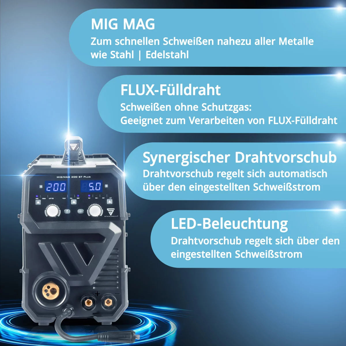 STAHLWERK welding machine MIG MAG 200 ST PLUS inert gas welding machine | IGBT inverter with 200 A, synergic wire feed, FLUX, Lift-TIG and MMA | ARC function