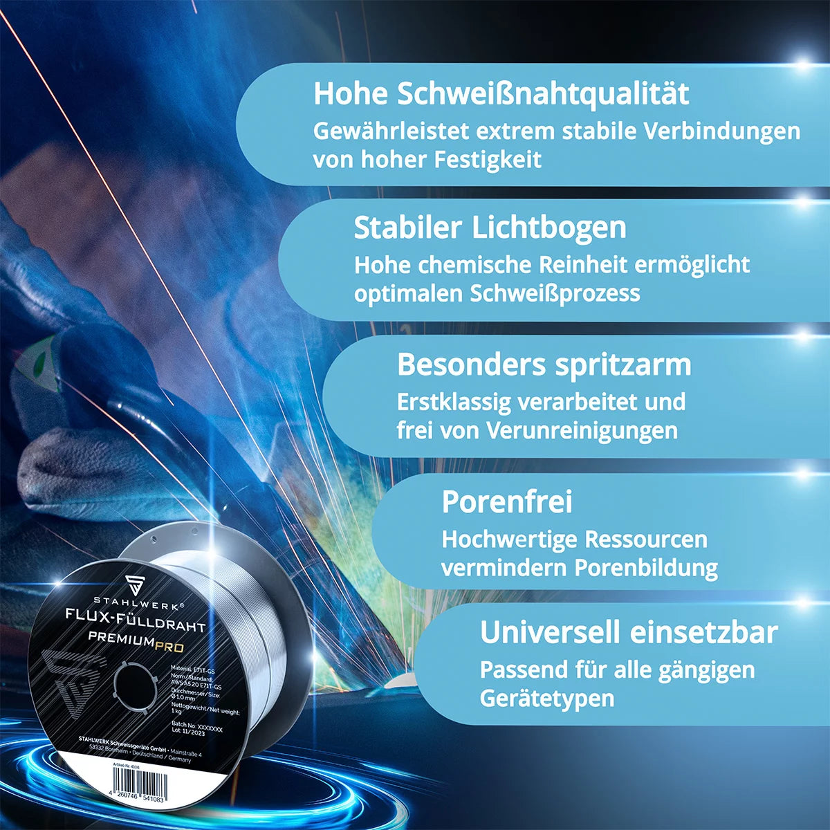 STAHLWERK MIG MAG Premium Fülldraht Drahtrolle E71T-GS 1,0 mm S100/D100 Rolle 1 kg