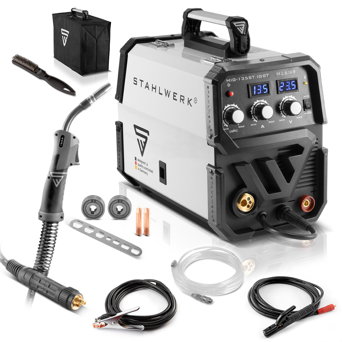 Máquina de soldar STAHLWERK MIG MAG 135 ST IGBT / máquina de soldar con gas protector con alimentación de alambre sinérgica y 135 amperios reales / máquina de soldar combinada