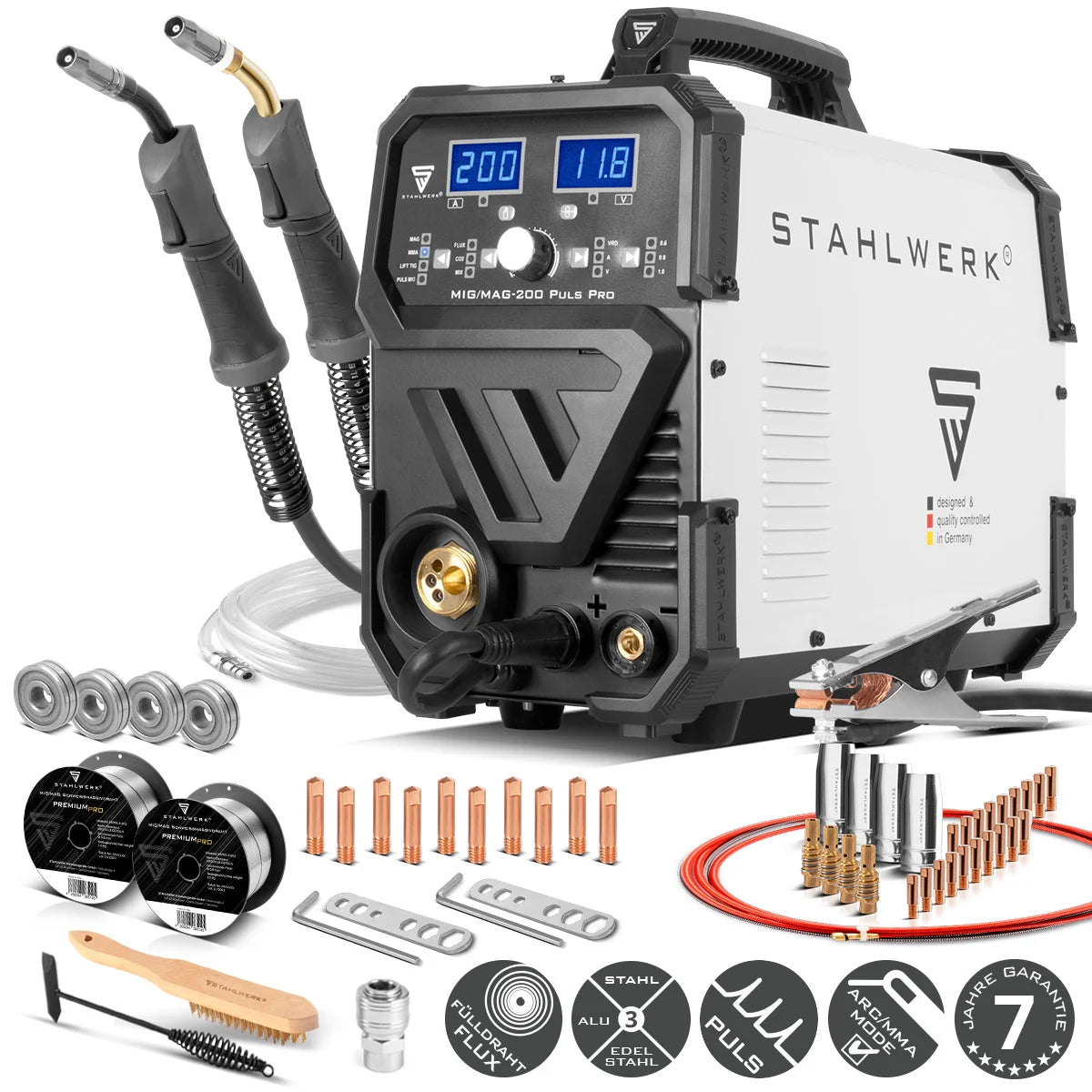 Saldatrice a gas inerte STAHLWERK MIG MAG 200 Puls Pro Dispositivo combinato 5 in 1 completamente sinergico con 200 A reali inclusa torcia per saldatura di alluminio AK25/MB25, set di parti soggette ad usura per la saldatura dell'alluminio
